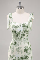 Load image into Gallery viewer, Green Flower A Line Square Neck Ruffled Long Bridesmaid Dress