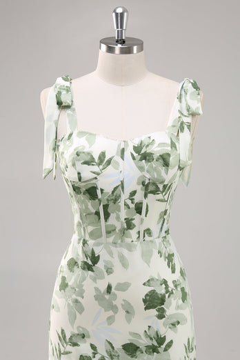 Green Flower A Line Square Neck Ruffled Long Bridesmaid Dress
