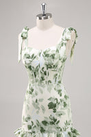 Load image into Gallery viewer, Green Flower A Line Square Neck Ruffled Long Bridesmaid Dress