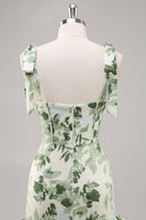 Load image into Gallery viewer, Green Flower A Line Square Neck Ruffled Long Bridesmaid Dress