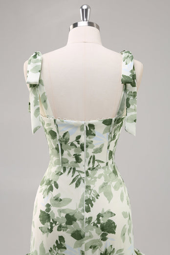 Green Flower A Line Square Neck Ruffled Long Bridesmaid Dress