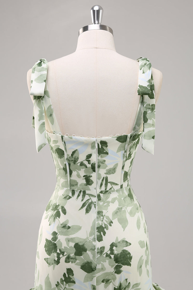 Load image into Gallery viewer, Green Flower A Line Square Neck Ruffled Long Bridesmaid Dress