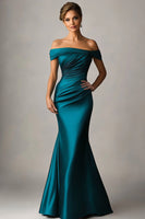 Load image into Gallery viewer, Peacock Blue Mermaid Off The Shoulder Ruched Satin Formal Dress