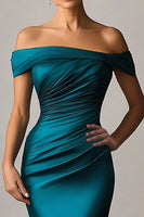 Load image into Gallery viewer, Peacock Blue Mermaid Off The Shoulder Ruched Satin Formal Dress