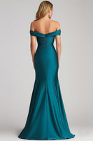 Load image into Gallery viewer, Mermaid Off The Shoulder Peacock Blue Satin Ruched Long Formal Dress