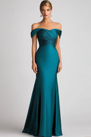 Load image into Gallery viewer, Mermaid Off The Shoulder Peacock Blue Satin Ruched Long Formal Dress