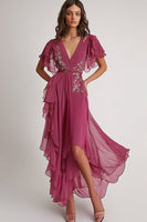 Load image into Gallery viewer, Embellished Dark Pink V Neck A Line Floral Maxi Formal Dress with Ruffles