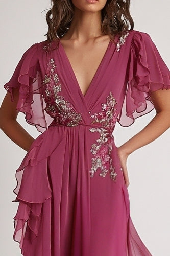 Load image into Gallery viewer, Embellished Dark Pink V Neck A Line Floral Maxi Formal Dress with Ruffles