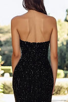 Load image into Gallery viewer, Strapless A Line Black Sequined Prom Dress With Slit