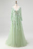 Load image into Gallery viewer, Dusty Sage Lace Applique Tulle V Neck Prom Dress with Long Sleeves