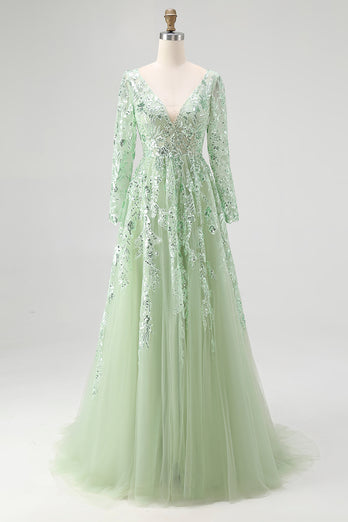 Dusty Sage Lace Applique Tulle V Neck Prom Dress with Long Sleeves