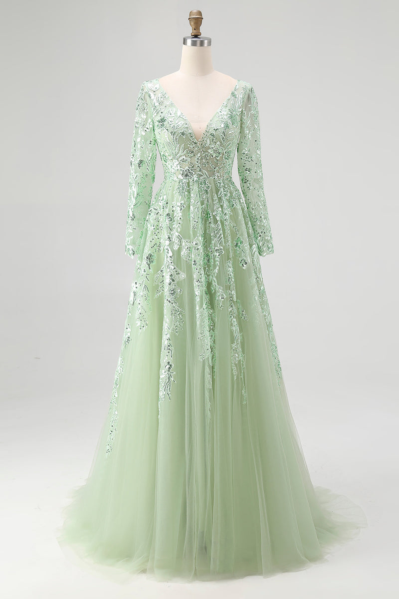 Load image into Gallery viewer, Dusty Sage Lace Applique Tulle V Neck Prom Dress with Long Sleeves