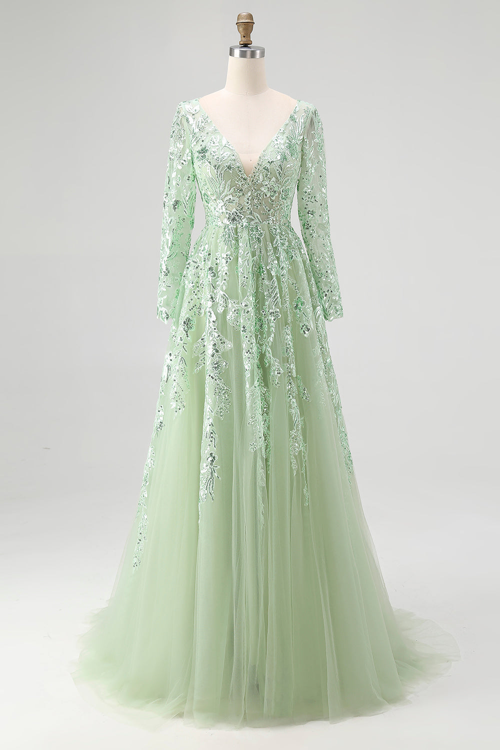 Dusty Sage Sequin Appliqued Tulle V Neck Prom Dress