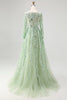 Load image into Gallery viewer, Dusty Sage Lace Applique Tulle V Neck Prom Dress with Long Sleeves