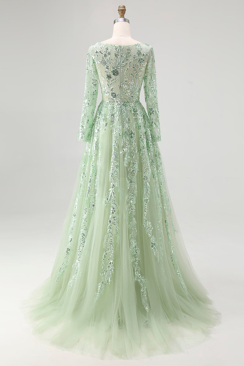 Load image into Gallery viewer, Dusty Sage Lace Applique Tulle V Neck Prom Dress with Long Sleeves