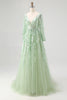 Load image into Gallery viewer, Dusty Sage Lace Applique Tulle V Neck Prom Dress with Long Sleeves