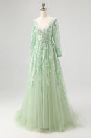 Load image into Gallery viewer, Dusty Sage Sequin Appliqued Tulle V Neck Prom Dress