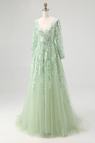 Dusty Sage Sequin Appliqued Tulle V Neck Prom Dress
