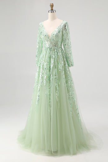 Dusty Sage Lace Applique Tulle V Neck Prom Dress with Long Sleeves
