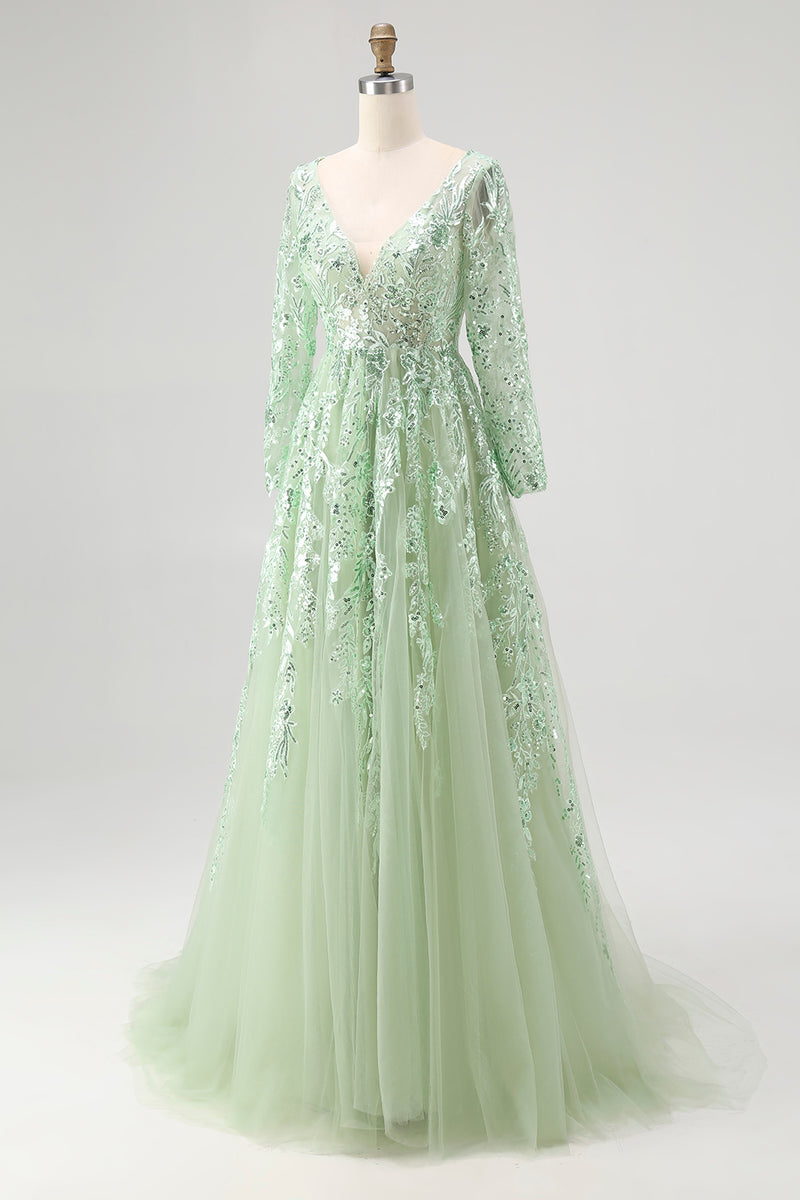 Load image into Gallery viewer, Dusty Sage Lace Applique Tulle V Neck Prom Dress with Long Sleeves