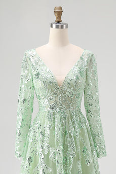 Dusty Sage Sequin Appliqued Tulle V Neck Prom Dress