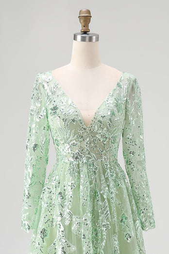 Dusty Sage Lace Applique Tulle V Neck Prom Dress with Long Sleeves