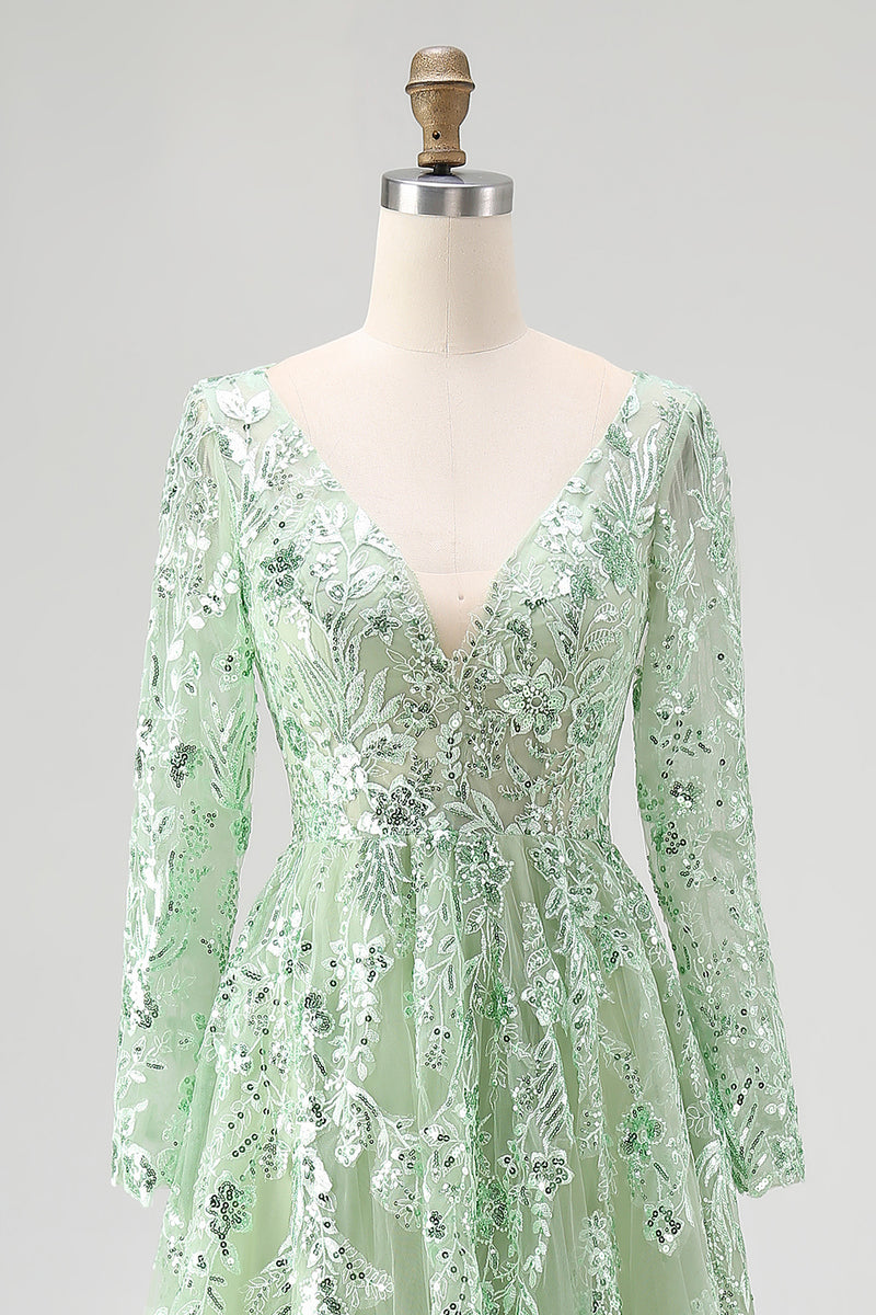Load image into Gallery viewer, Dusty Sage Lace Applique Tulle V Neck Prom Dress with Long Sleeves