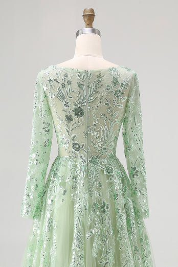 Dusty Sage Lace Applique Tulle V Neck Prom Dress with Long Sleeves
