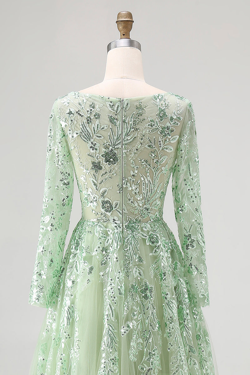 Load image into Gallery viewer, Dusty Sage Lace Applique Tulle V Neck Prom Dress with Long Sleeves
