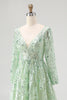 Load image into Gallery viewer, Dusty Sage Lace Applique Tulle V Neck Prom Dress with Long Sleeves