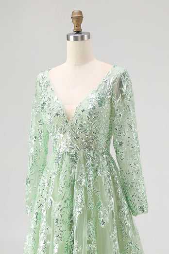 Dusty Sage Lace Applique Tulle V Neck Prom Dress with Long Sleeves
