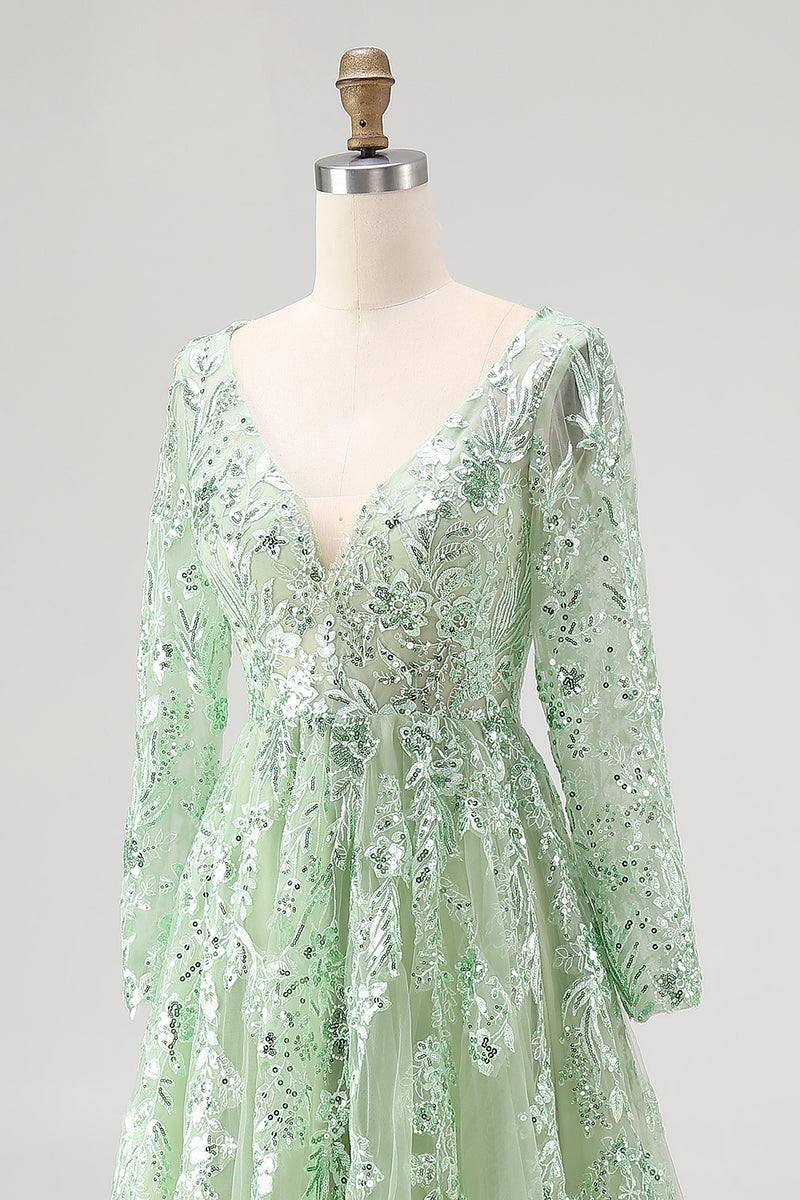 Load image into Gallery viewer, Dusty Sage Lace Applique Tulle V Neck Prom Dress with Long Sleeves