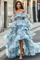 Load image into Gallery viewer, Blue Floral Ruffled Organza Off the Shoulder Asymmetrical Prom Dress