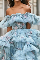 Load image into Gallery viewer, Blue Floral Ruffled Organza Off the Shoulder Asymmetrical Prom Dress
