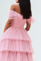Load image into Gallery viewer, Pleated Tulle A Line Off the Shoulder Pink Prom Dress