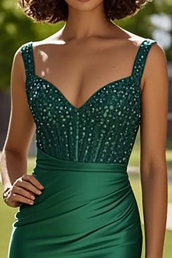 Spaghetti Straps Dark Green Sheath Satin Beaded Prom Dress with Slit