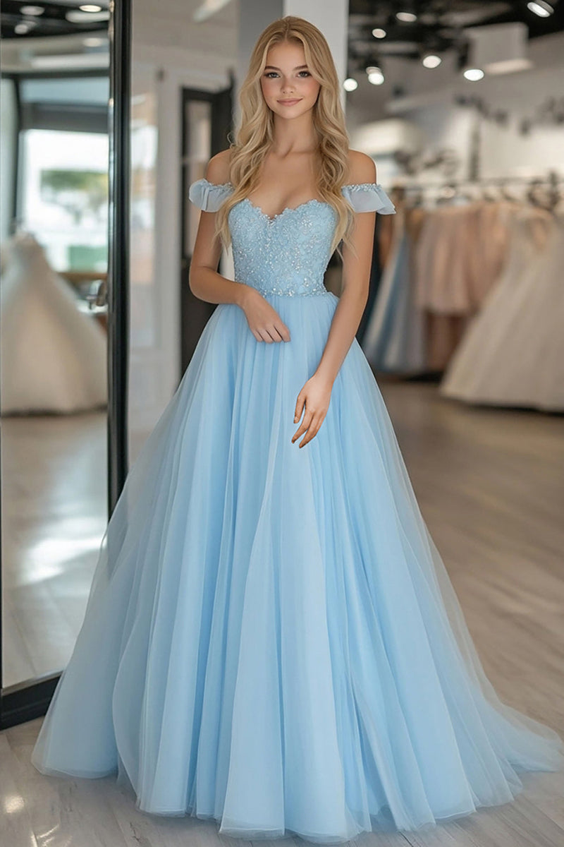 Hellymoon Women Lace Tulle Prom Dress A Line Sky Blue Off the Shoulder — free download