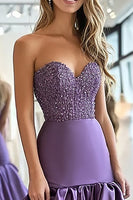 Load image into Gallery viewer, Plum Satin Ruffles A Line Sweetheart Prom Dress with Beading