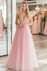Load image into Gallery viewer, A Line Lace Appliques Tulle Pink Deep V Neck Prom Dress