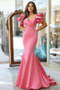 Load image into Gallery viewer, Pink Mermaid V Neck Ruffled Sleeves Satin Long Prom Dress