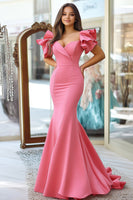 Load image into Gallery viewer, Pink Mermaid V Neck Ruffled Sleeves Satin Long Prom Dress