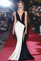 Load image into Gallery viewer, Sheath Black&amp;White Deep V Neck Long Gala Dress