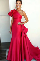 Load image into Gallery viewer, Watermelon Sheath One Shoulder Ruffled Satin Gala Dress