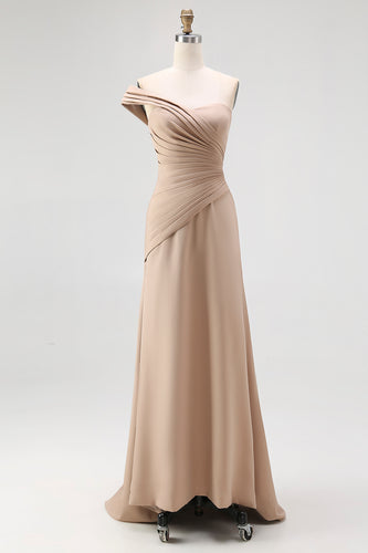 One Shoulder Pleated Light Khaki Jersey Sheath Gala Dress
