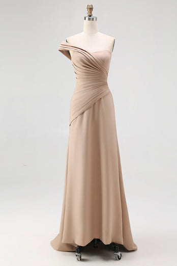 One Shoulder Pleated Light Khaki Jersey Sheath Gala Dress