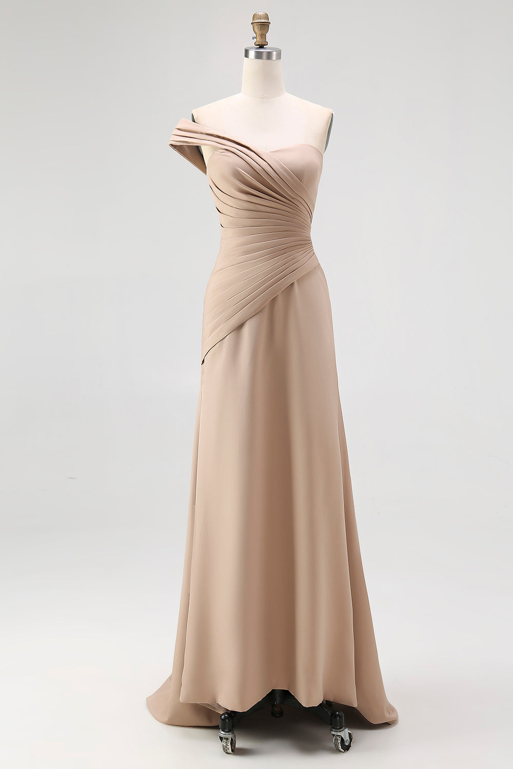 One Shoulder Pleated Light Khaki Jersey Sheath Gala Dress