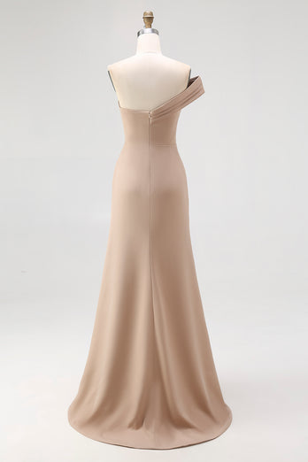 One Shoulder Pleated Light Khaki Jersey Sheath Gala Dress