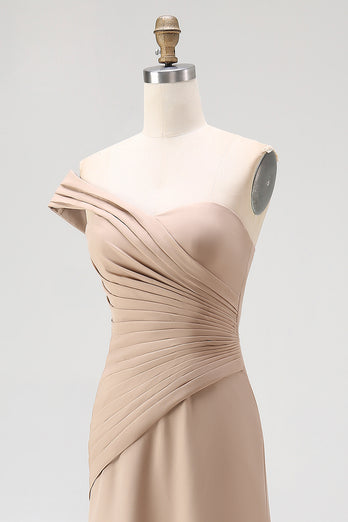 One Shoulder Pleated Light Khaki Jersey Sheath Gala Dress