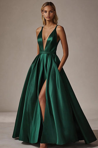 A Line Deep V Neck Satin Dark Green Prom Dress With Slit