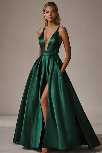 A Line Deep V Neck Satin Dark Green Prom Dress With Slit